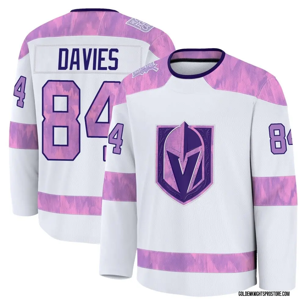 Premium Youth Jeremy Davies White Vegas Golden Knights 2024 Hockey Fights Cancer Practice Jersey